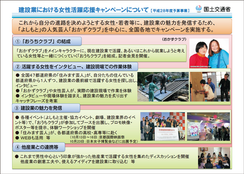 建設業における女性活躍応援キャンペーンについて 平成２８年度予算事業　国土交通省