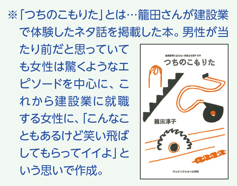 ※「つちのこもりた」とは…籠田さんが建設業で体験したネタ話を掲載した本。男性が当たり前だと思っていても女性は驚くようなエピソードを中心に、これから建設業に就職する女性に、「こんなこともあるけど笑い飛ばしてもらってイイよ」という思いで作成。